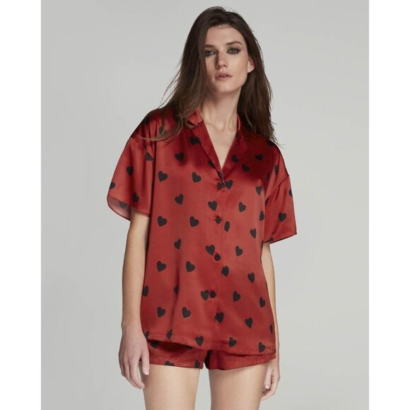 Agent Provocateur Hart Pajama Silk Top Red Black Heart NWT $410